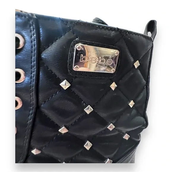 Women’s 11 Bebe Black Dorienne Studded Quilted Lace Up Combat Boot - Picture 3 of 16